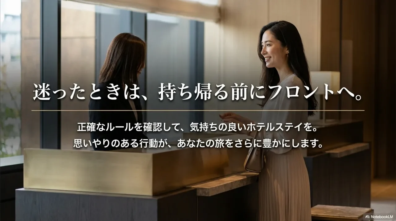 ホテルアメニティで迷った時は持ち帰る前にフロントへ確認するのが安心だと伝えるまとめ画像