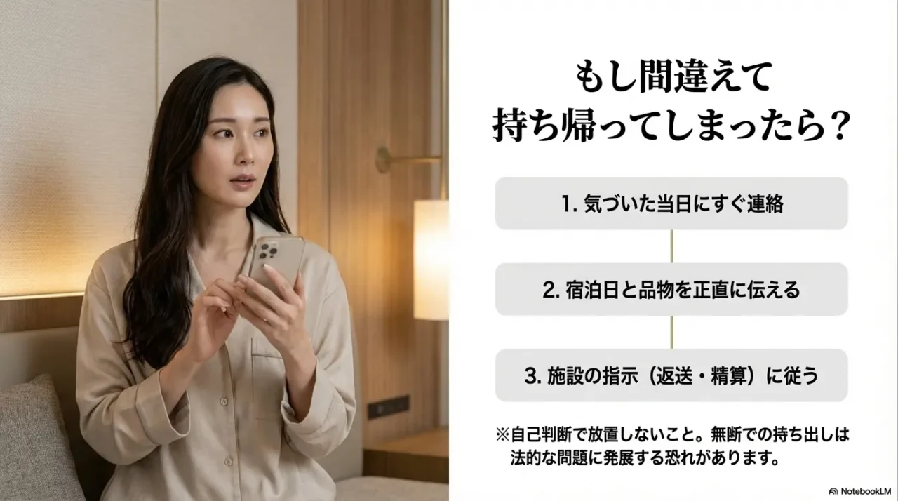 ホテルの備品を間違えて持ち帰った時は、その日のうちに連絡し、宿泊日と品物を伝えて指示に従う流れを示した画像