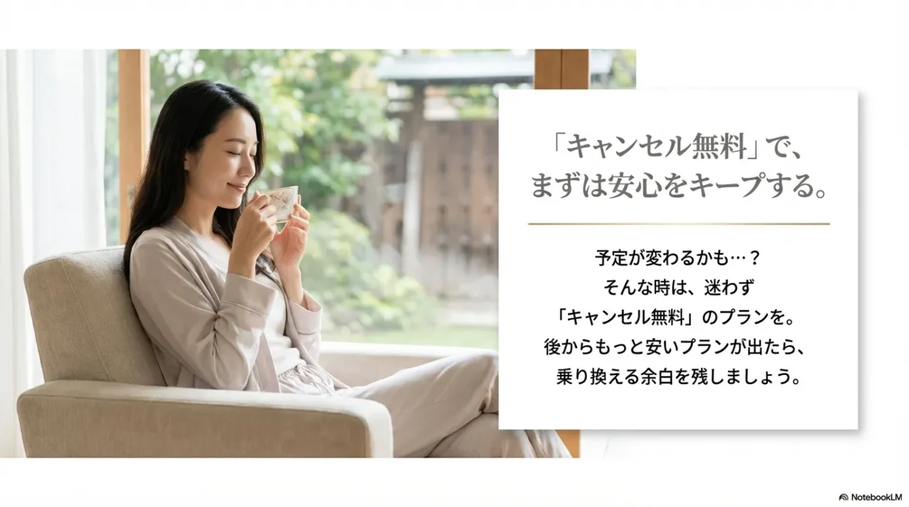 無料キャンセル付きプランで安心を確保する考え方を示した画像。窓辺でくつろぐ女性が写る