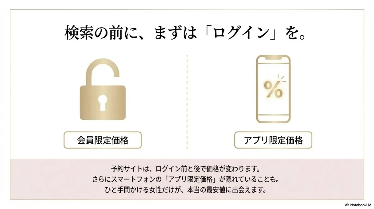 会員限定価格とアプリ限定価格を確認する重要性を示した画像。ログインとスマホ割引のイメージ