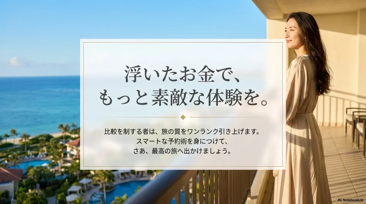ホテル予約で浮いたお金を旅の体験向上に回すイメージを示した締めの画像。海辺のホテルに立つ女性が写る