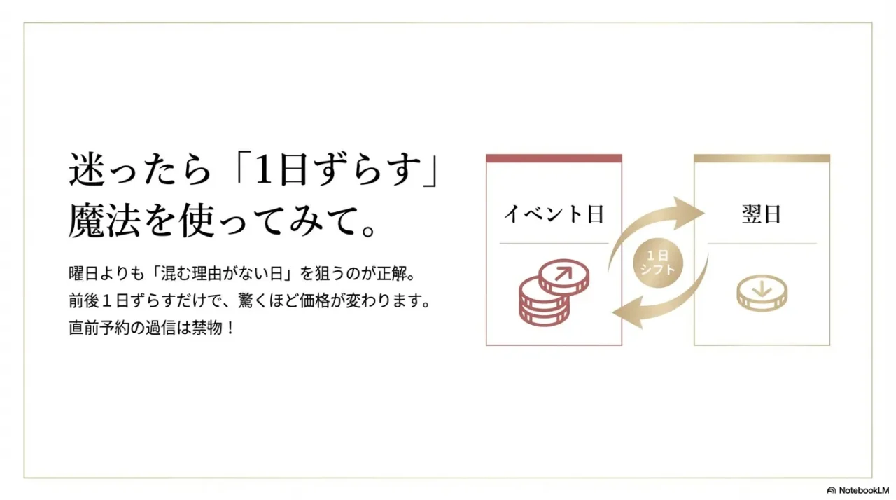 宿泊日を1日ずらすだけで価格差が出る考え方を示した画像。イベント日と翌日の比較イメージ