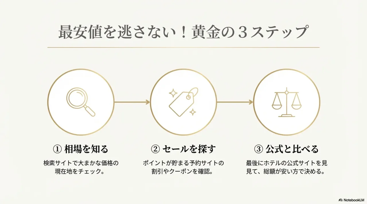 ホテルを安く予約する3ステップを示した画像。相場確認、セール確認、公式比較の流れが並ぶ