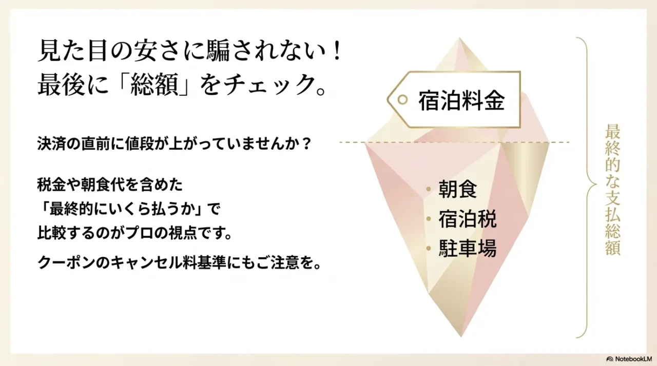 見た目の安さではなく最終支払総額で比較する重要性を示した画像。宿泊料金以外の費用も含む