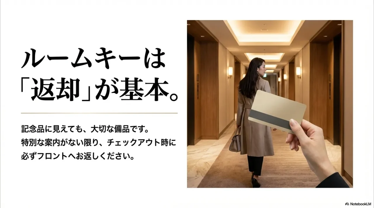 ホテルのルームキーは記念品のように見えても基本は返却と伝えるカードキーの解説画像