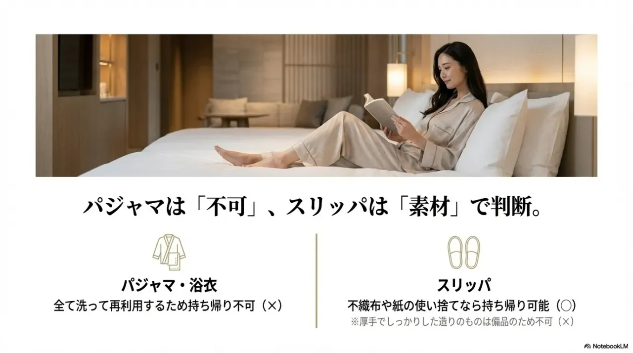 パジャマや浴衣は持ち帰り不可で、スリッパは使い捨て素材なら持ち帰り可能と比較した画像
