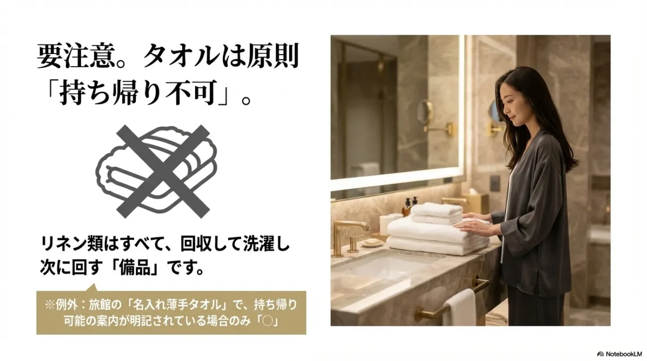 ホテルのタオルは原則持ち帰り不可で、例外は持ち帰り案内がある薄手タオルのみと示した画像