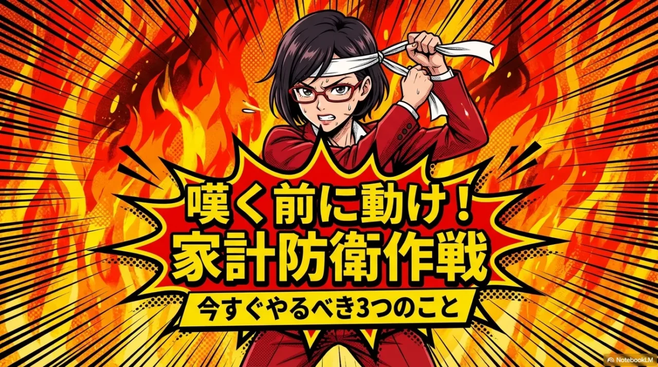 嘆く前に動け！家計防衛作戦として、今すぐやるべき3つのことを紹介するイラスト