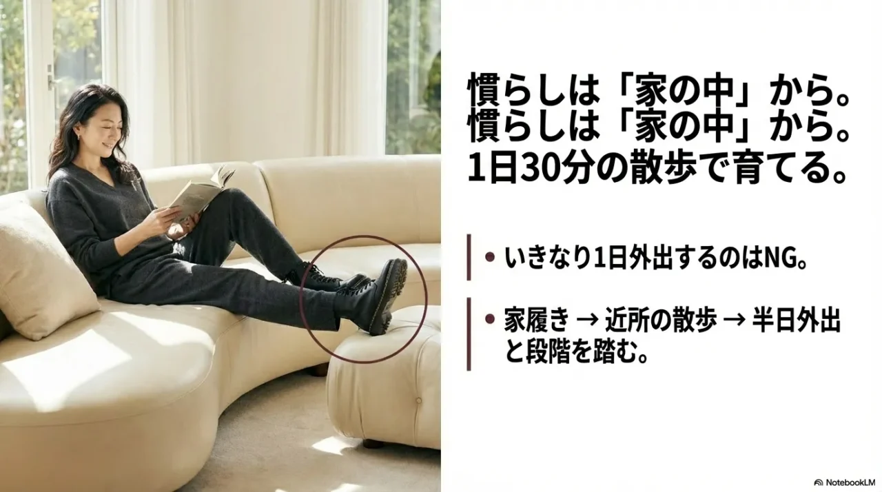 慣らし履きは家の中からスタート。いきなり1日外出せず、家履き、近所の散歩、半日外出と段階を踏んで育てる。