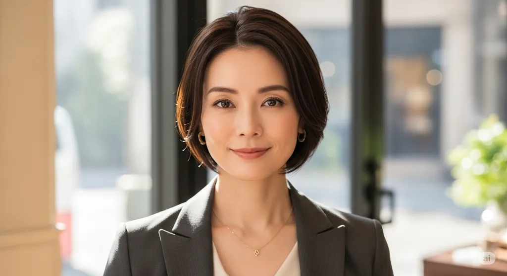 オフィスで微笑む、上品なショートボブの40代女性。