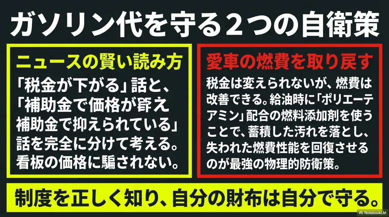 税金が下がる話と補助金で価格が抑えられる話を分けて考えることと、燃費改善でガソリン代対策をする考え方をまとめた画像