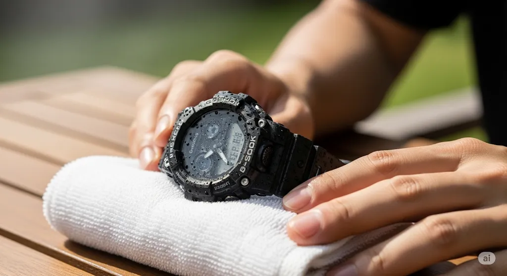洗浄後のG-SHOCKをタオルで拭く日本人の手元