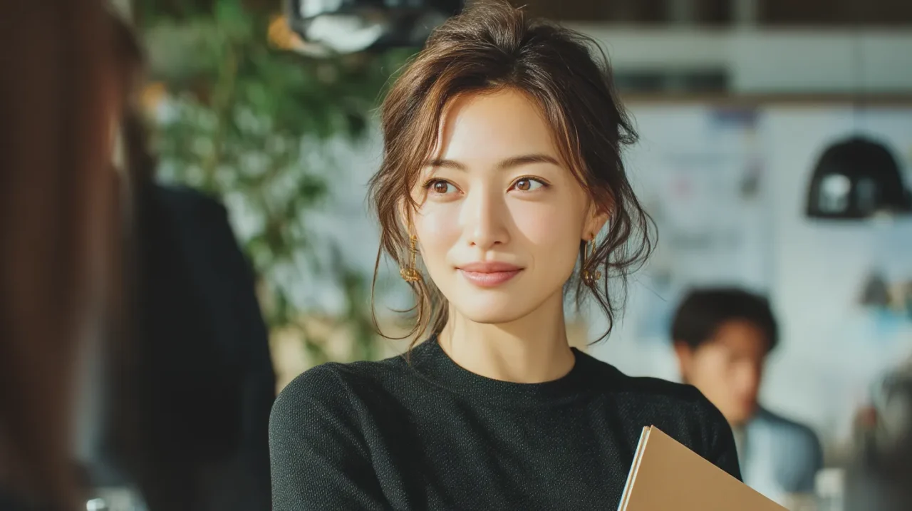 明るいオフィスで、ノートを抱え穏やかな表情で相手に向き合う30代の美しい日本人女性。断れない状況でも境界線を意識して話している雰囲気