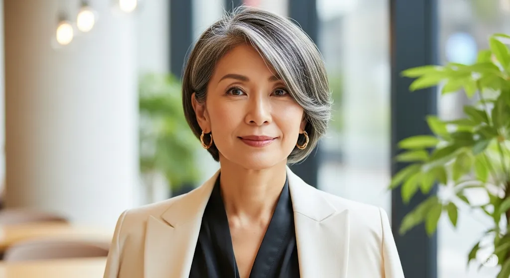 カフェでリラックスする、グレイヘアがおしゃれな50代女性。