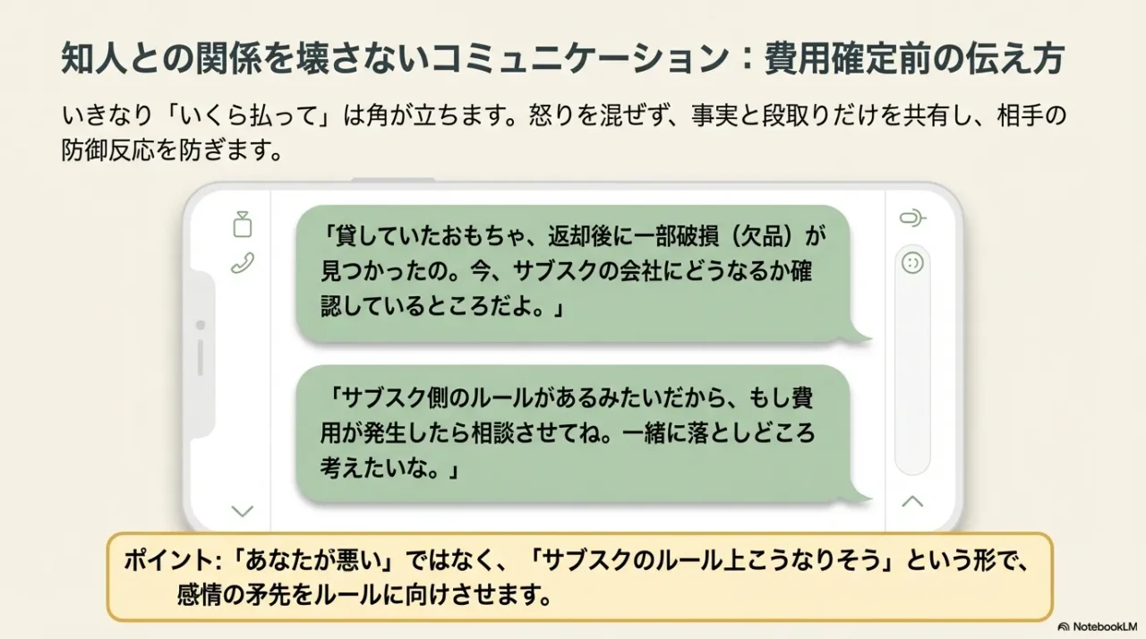 おもちゃ破損を知人に伝えるときの例文