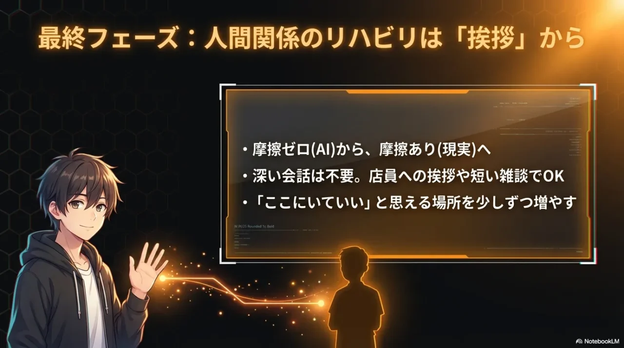 AIから現実の人間関係へ戻るための第一歩を示すビジュアル