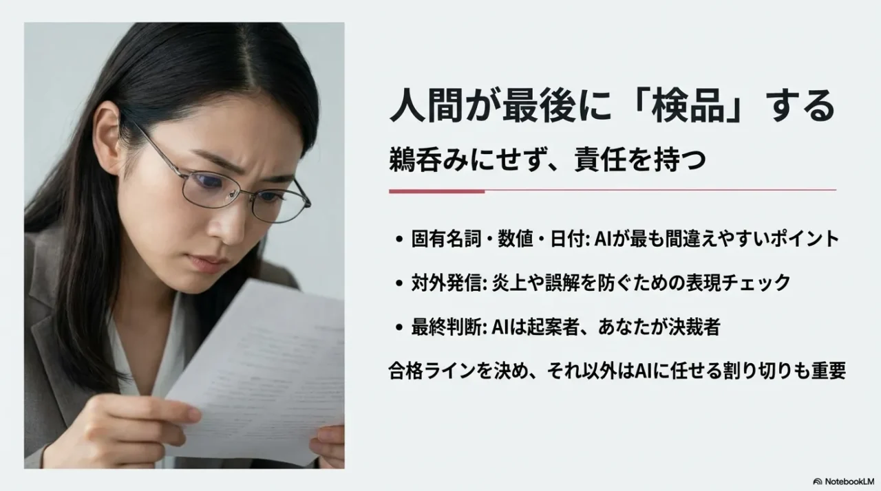 AIを鵜呑みにせず、固有名詞や数値などを人間が検品・責任を持つことの重要性
