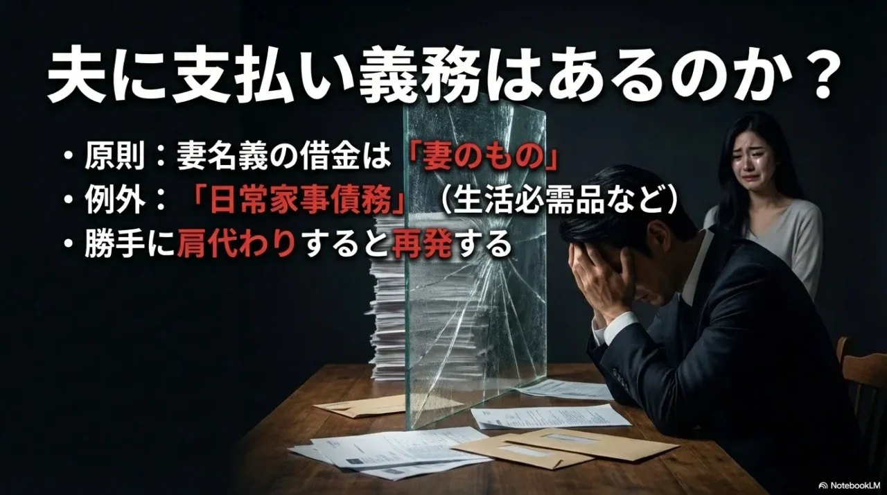 妻名義の借金に対する夫の支払い義務の原則と、日常家事債務などの例外についての解説