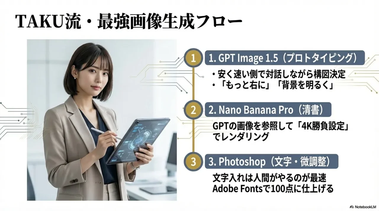 1.GPTで対話しながら構図を固め、2.Nanoを4K高負荷設定で清書し、3.Photoshopで文字入れと微調整して100点に仕上げる手順