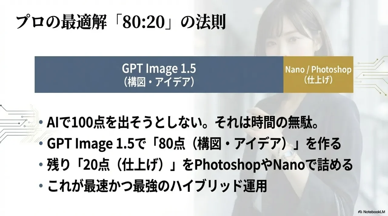 AIで100点を狙わず、GPTで構図とアイデアの80点を作り、残り20点をPhotoshopやNanoで詰めるハイブリッド方針