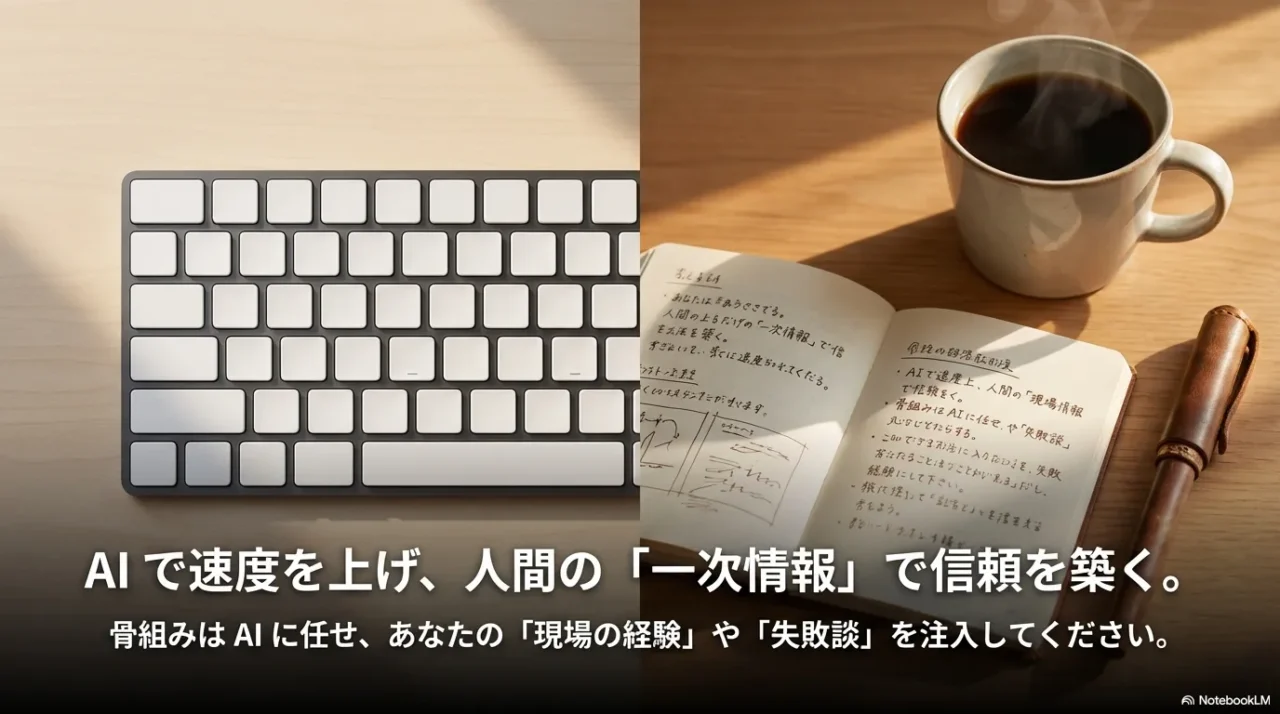 AIで下書きを速くし一次情報で信頼を築く方針を示す画像