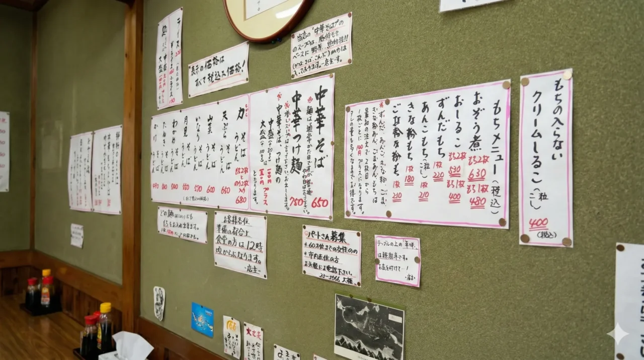 店内で、壁一面に手書きのメニュー札が貼られている様子