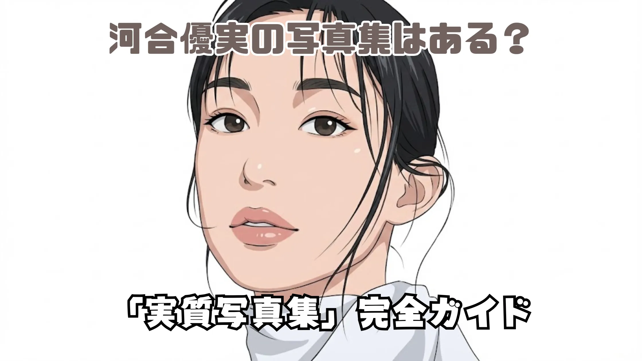 女性のイラストポートレートと「河合優実の写真集はある？」「実質写真集 完全ガイド」という文字が配置されたデザイン画像
