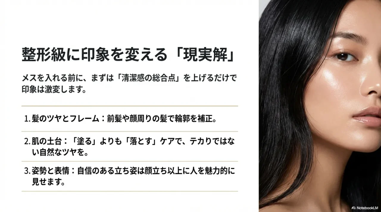つやのある肌の女性のクローズアップと、髪のフレーム・肌の土台・姿勢と表情の3ポイントをまとめたスライド