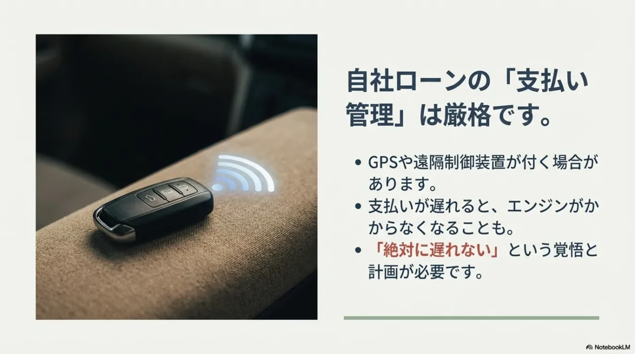 自社ローンの支払い管理は厳格です。GPSや遠隔制御装置が付き、支払いが遅れるとエンジンがかからなくなることもあります。