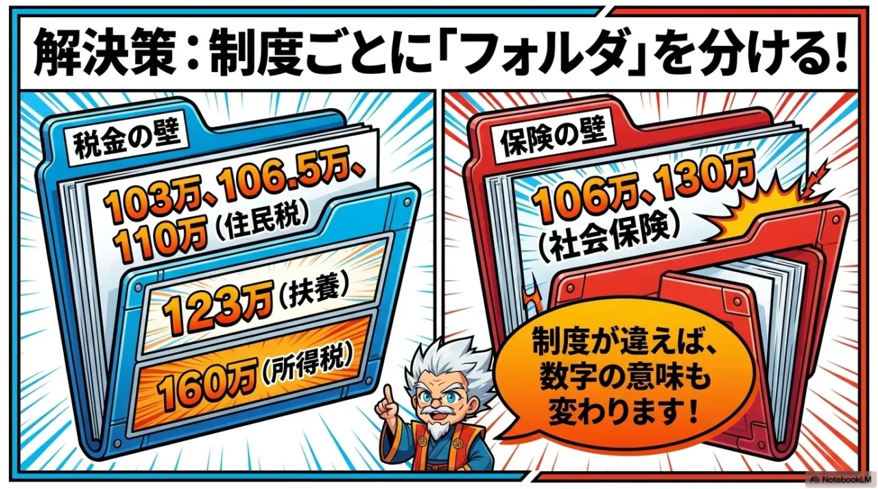 住民税、社会保険、扶養、所得税の壁を制度ごとに分けて考えるべきことを示した画像