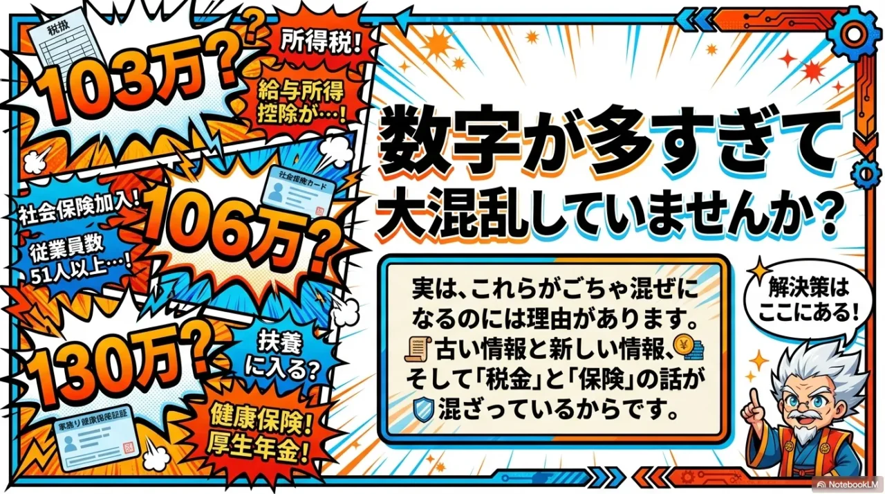 103万円や106万円、130万円など年収の壁の数字が多く、制度の違いで混乱しやすいことを示す画像
