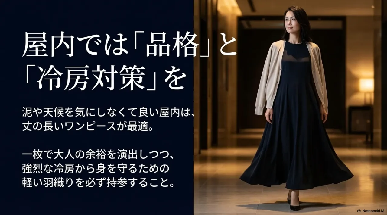 屋内フェスで上品さと冷房対策を両立するロングワンピースと羽織りの着こなし画像