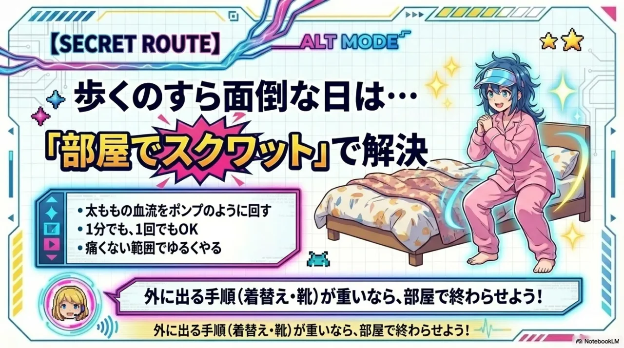 外に出られない日に室内でできるスクワット等の代替運動を示す画像