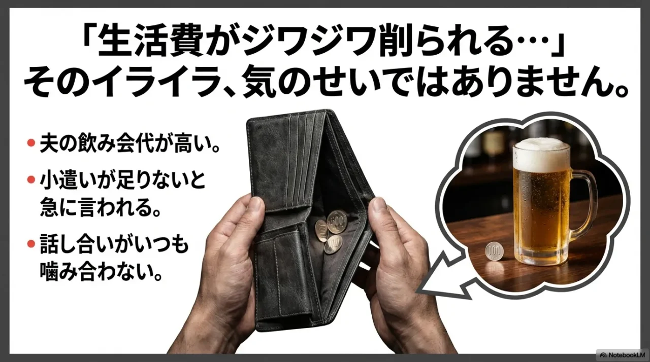 物価高で飲み会代と小遣い不足に悩むイメージ