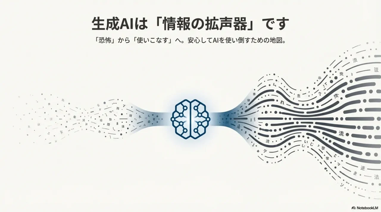 生成AIは入力情報を拡声器のように増幅するというメッセージを示すタイトルスライド