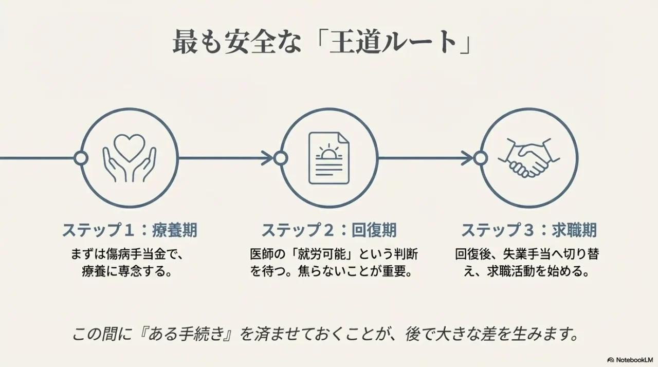 療養期に傷病手当金を受給し、回復後に失業手当へ切り替える3ステップの王道ルート図:療養専念から求職活動へのスムーズな移行フロー