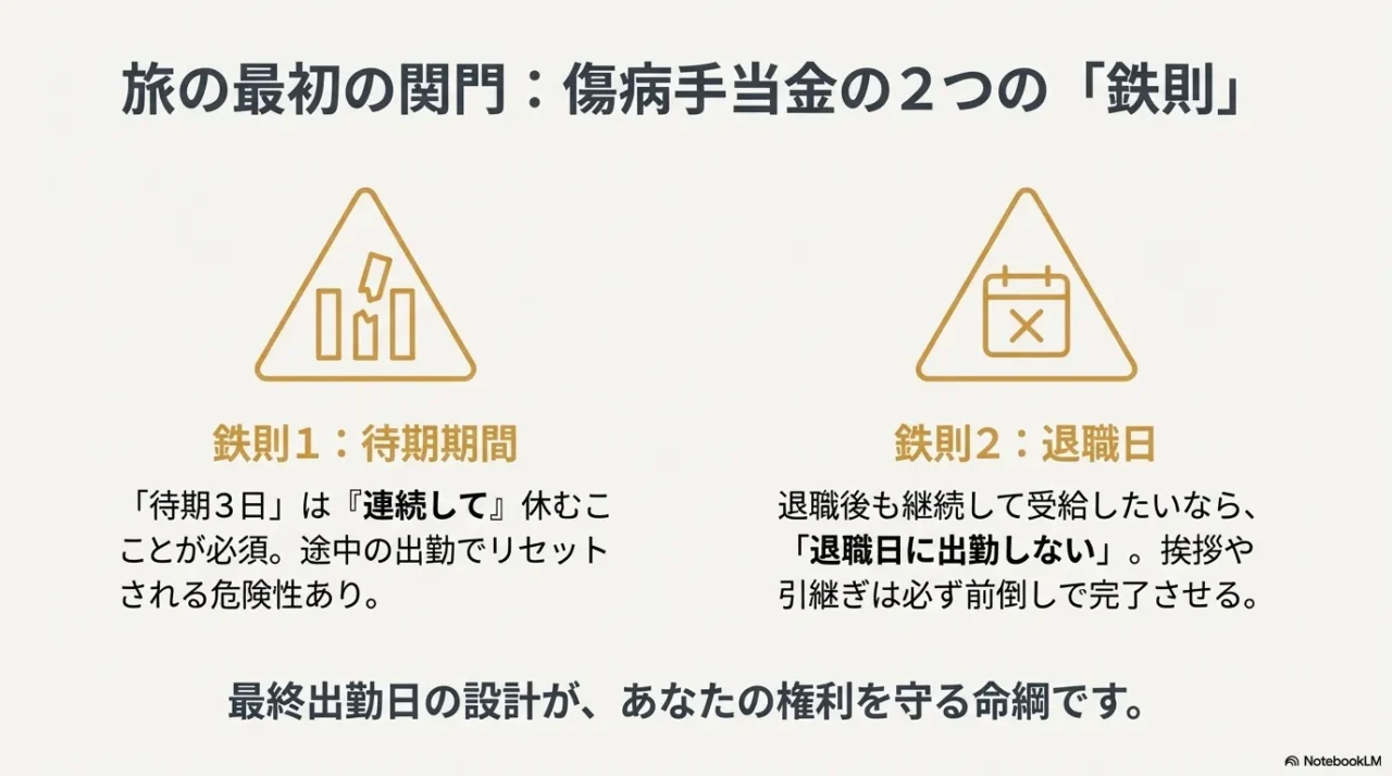 傷病手当金受給の鉄則:待期期間3日は連続して休む必要がある点と、退職日に出勤すると受給資格を失う危険性についての警告図解