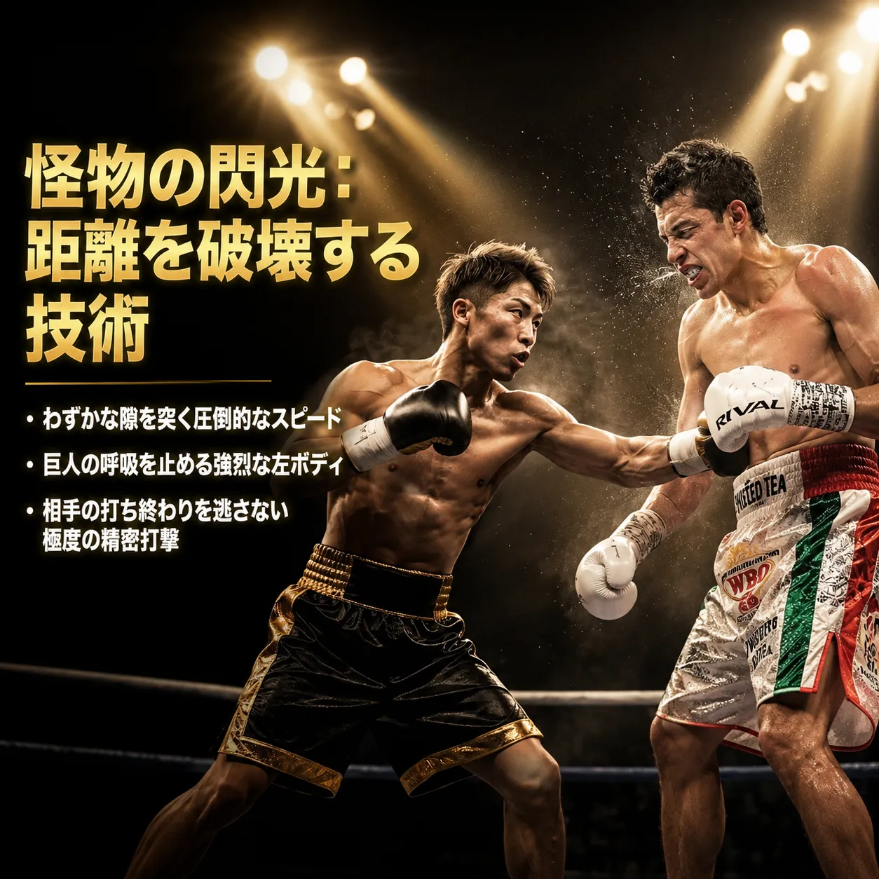 プロボクサーが試合中に右ストレートを相手選手の顔面に命中させる決定的瞬間。金色のスポットライトが照らすリング上で、汗が飛び散る迫力ある場面。「怪物の閃光:距離を破壊する技術」のテキスト付き。