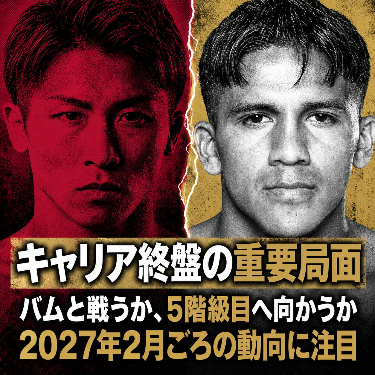 井上尚弥とジェシー・ロドリゲスの顔を左右に並べ「キャリア終盤の重要局面」「バムと戦うか、5階級目へ向かうか」と記したまとめ画像