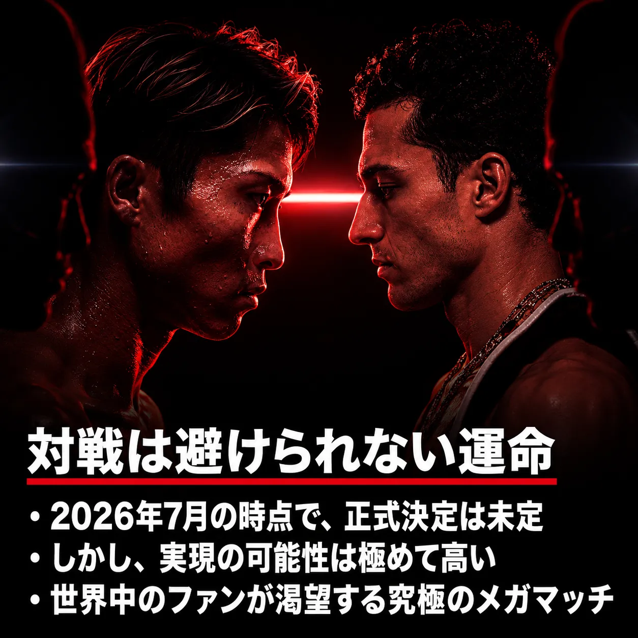 2人のボクサーが顔を向き合わせて対峙するドラマチックな画像。赤い光に照らされ、「対戦は避けられない運命」の見出しと、2026年7月時点で正式決定は未定だが実現の可能性が高い究極のメガマッチであることを説明するテキスト。