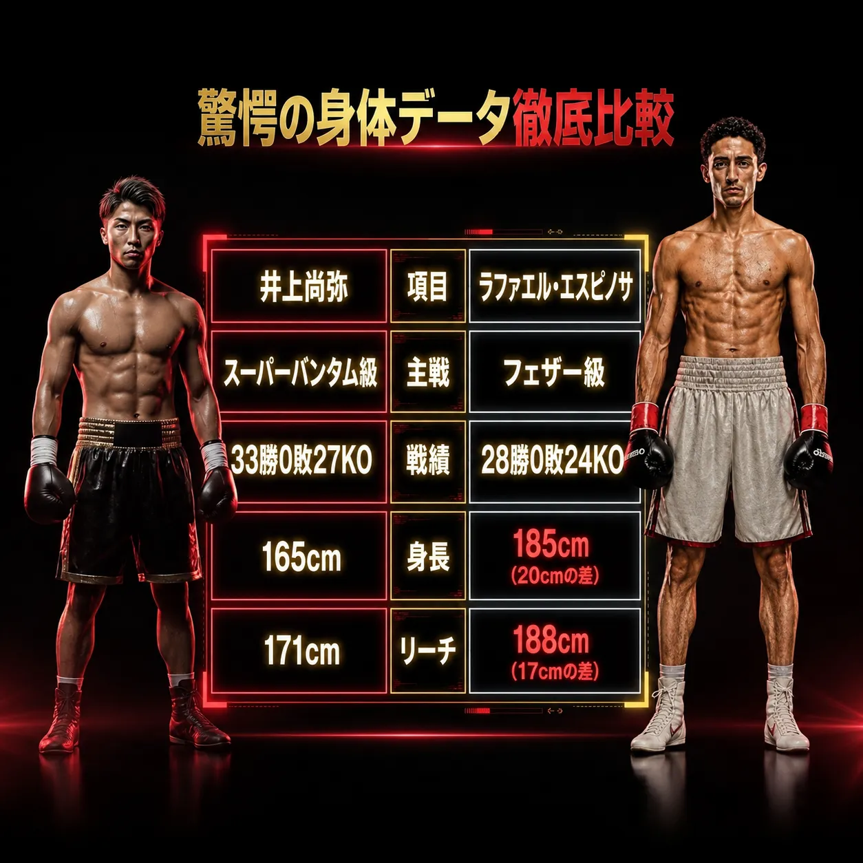 ボクシング身体データ比較表。井上尚弥(スーパーバンタム級・33勝0敗27KO・身長165cm・リーチ171cm)とラファエル・エスピノサ(フェザー級・28勝0敗24KO・身長185cm・リーチ188cm)の対戦比較。
