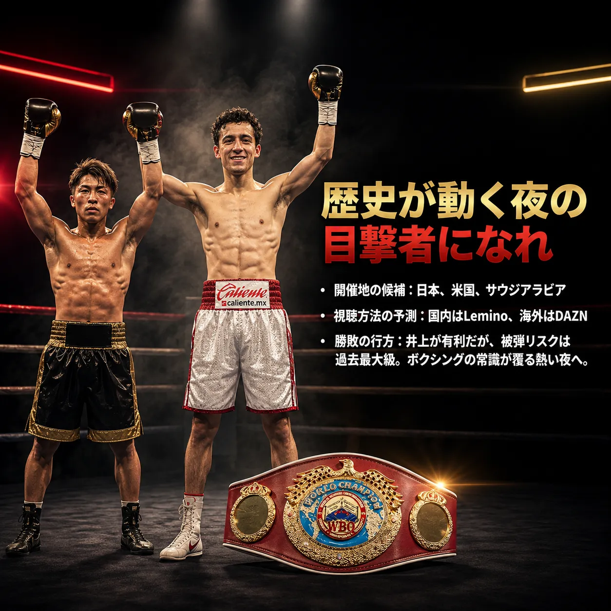 ボクシングリング上で両腕を掲げる2人のボクサーと、手前に置かれたWBO世界王座ベルト。「歴史が動く夜の目撃者になれ」の見出しと共に、開催地候補、視聴方法、勝敗予想を紹介する試合告知画像。
