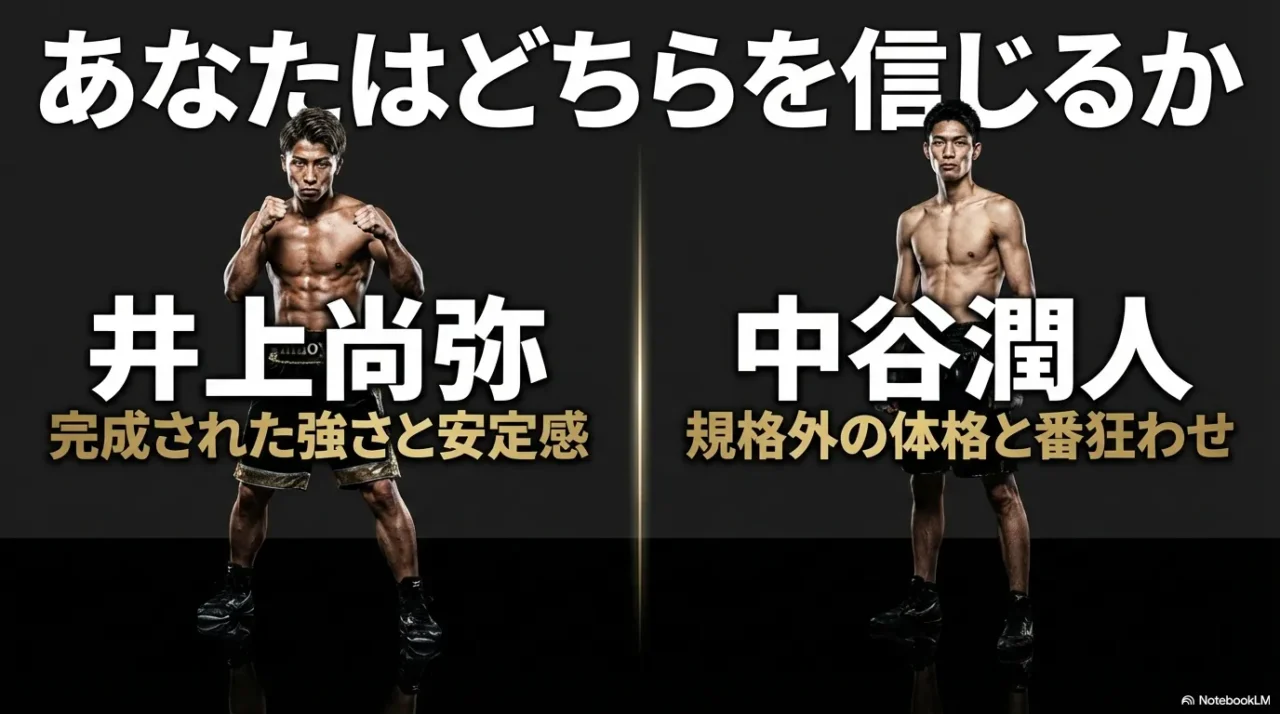 「あなたはどちらを信じるか」として、井上＝完成された強さと安定感／中谷＝規格外の体格と番狂わせの要旨を示す比較スライド