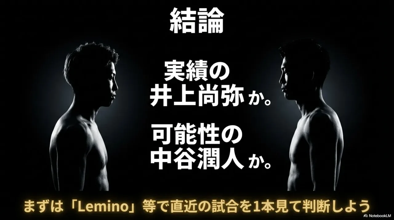 「結論」として、実績の井上か可能性の中谷かを提示し、「Lemino等で直近の試合を1本見て判断」と促す締めのスライド