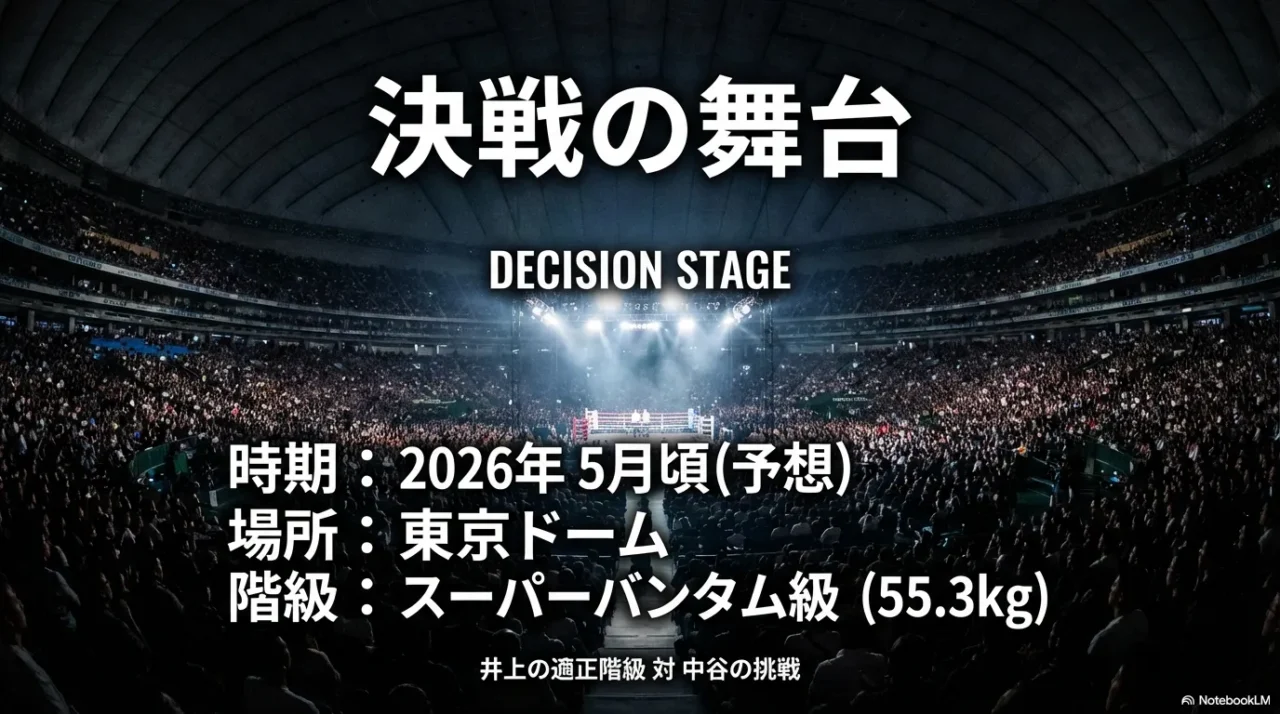 「決戦の舞台」として、時期（2026年5月頃予想）・場所（東京ドーム）・階級（Sバンタム級55.3kg）をまとめたスライド