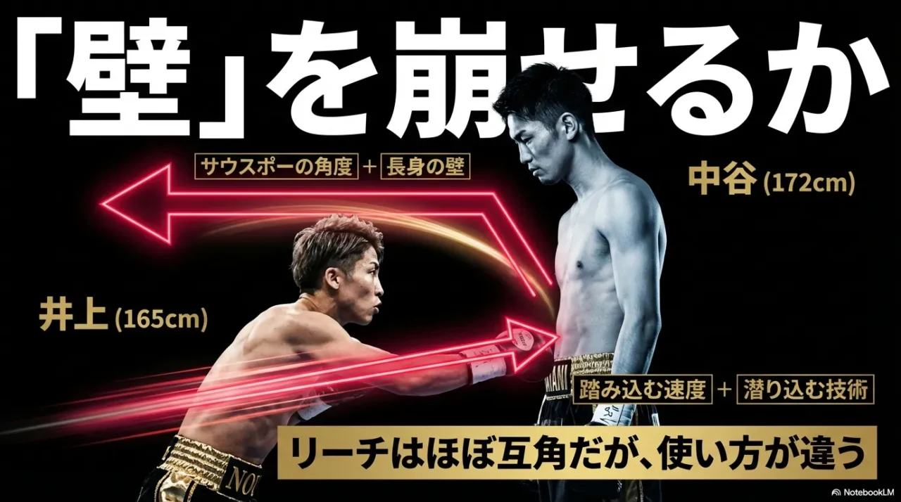 「『壁』を崩せるか」と書かれ、長身とサウスポーの角度、身長165cm/172cm、リーチはほぼ互角だが使い方が違う点を示すスライド