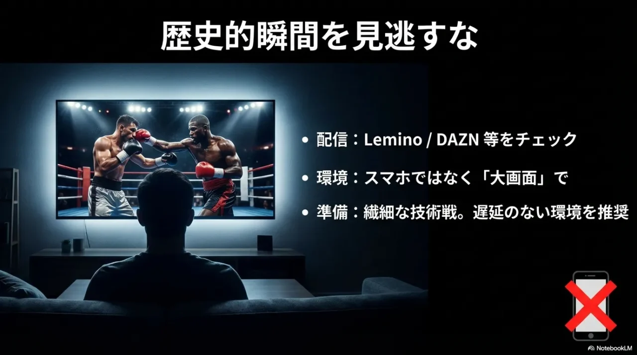 「歴史的瞬間を見逃すな」として、配信（Lemino/DAZN等）チェック、大画面推奨、遅延のない環境を推奨するスライド