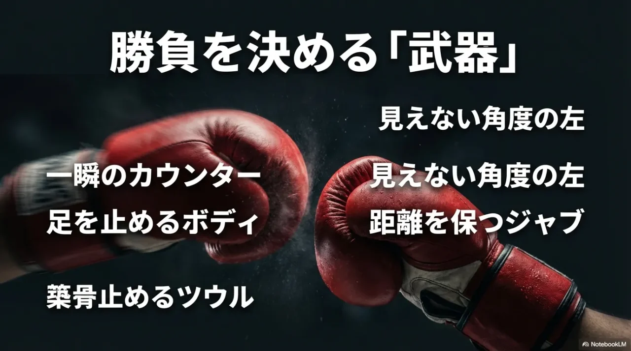 「勝負を決める『武器』」として、カウンター／ボディ／左／ジャブなど勝負所を列挙したスライド