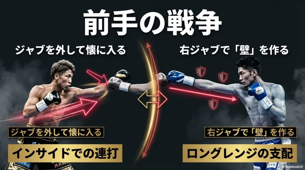 「前手の戦争」として、井上はジャブを外して懐へ／中谷は右ジャブで壁を作りロングレンジ支配、という構図を示すスライド