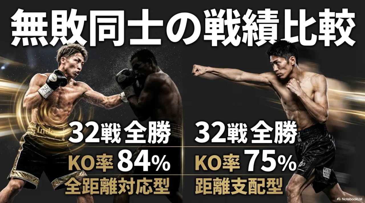 「無敗同士の戦績比較」として、32戦全勝やKO率など主要指標を並べた比較スライド
